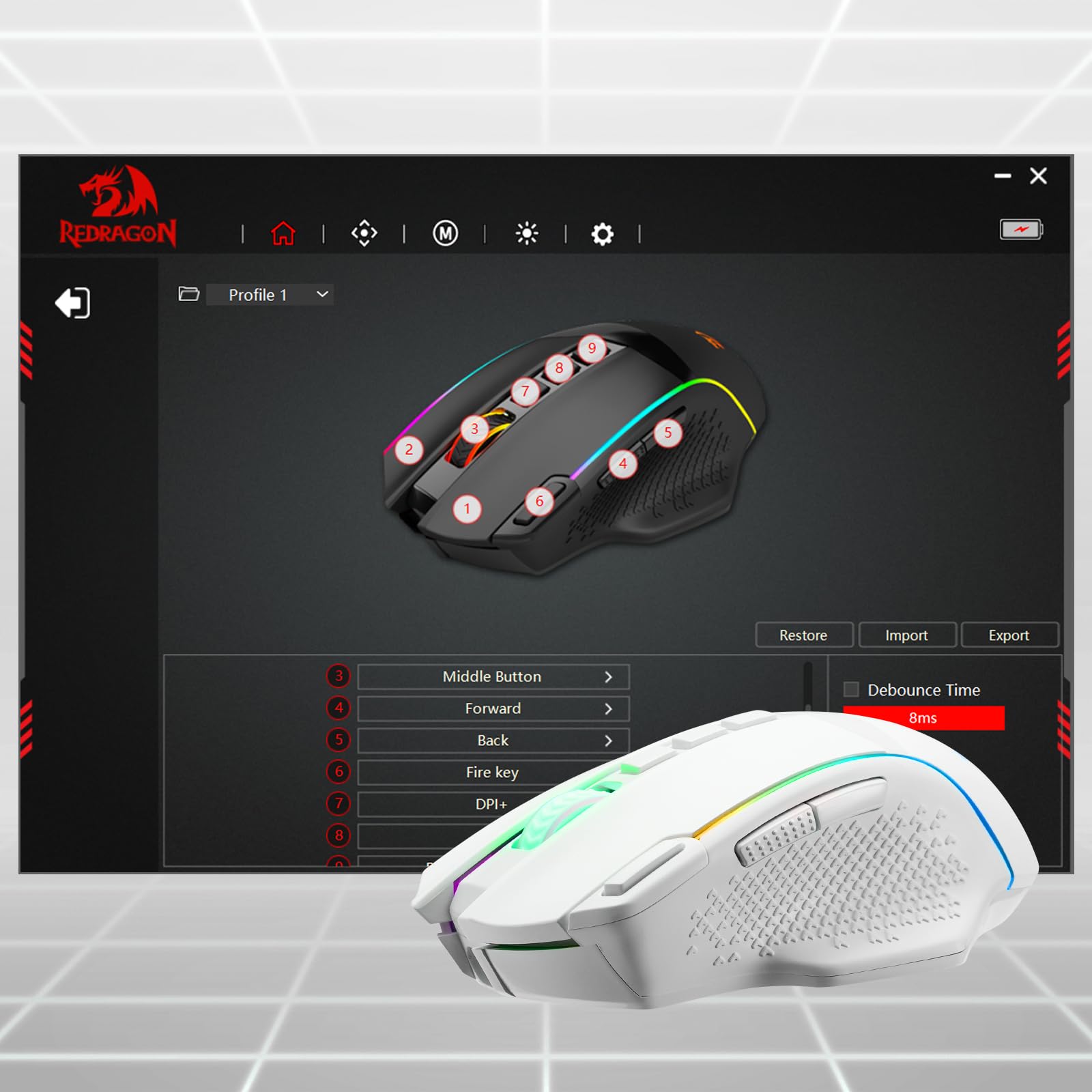 Redragon M991 Ratón Gaming Inalámbrico 19000 dpi Botón Disparo Rápido | 9 Teclas Macro 45 Horas Batería Continua RGB Retroiluminación Compatible PC Mac Portátil