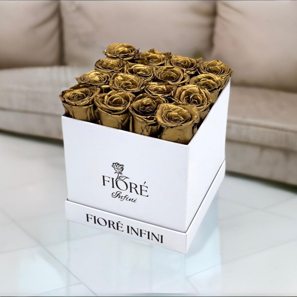 Antique Gold Roses - 16 Preserved Roses in White Square Box, Lasts 1-3 Years, Maintenance-Free, for Any Occasion, Timeless Beauty, Gift for Mother's Day, Birthday