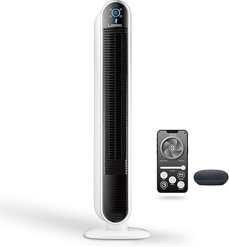 Lasko Ventilador de torre oscilante inteligente alimentado por Aria, conectado por Wi-Fi, controlado por voz, compatible con Alexa y Google