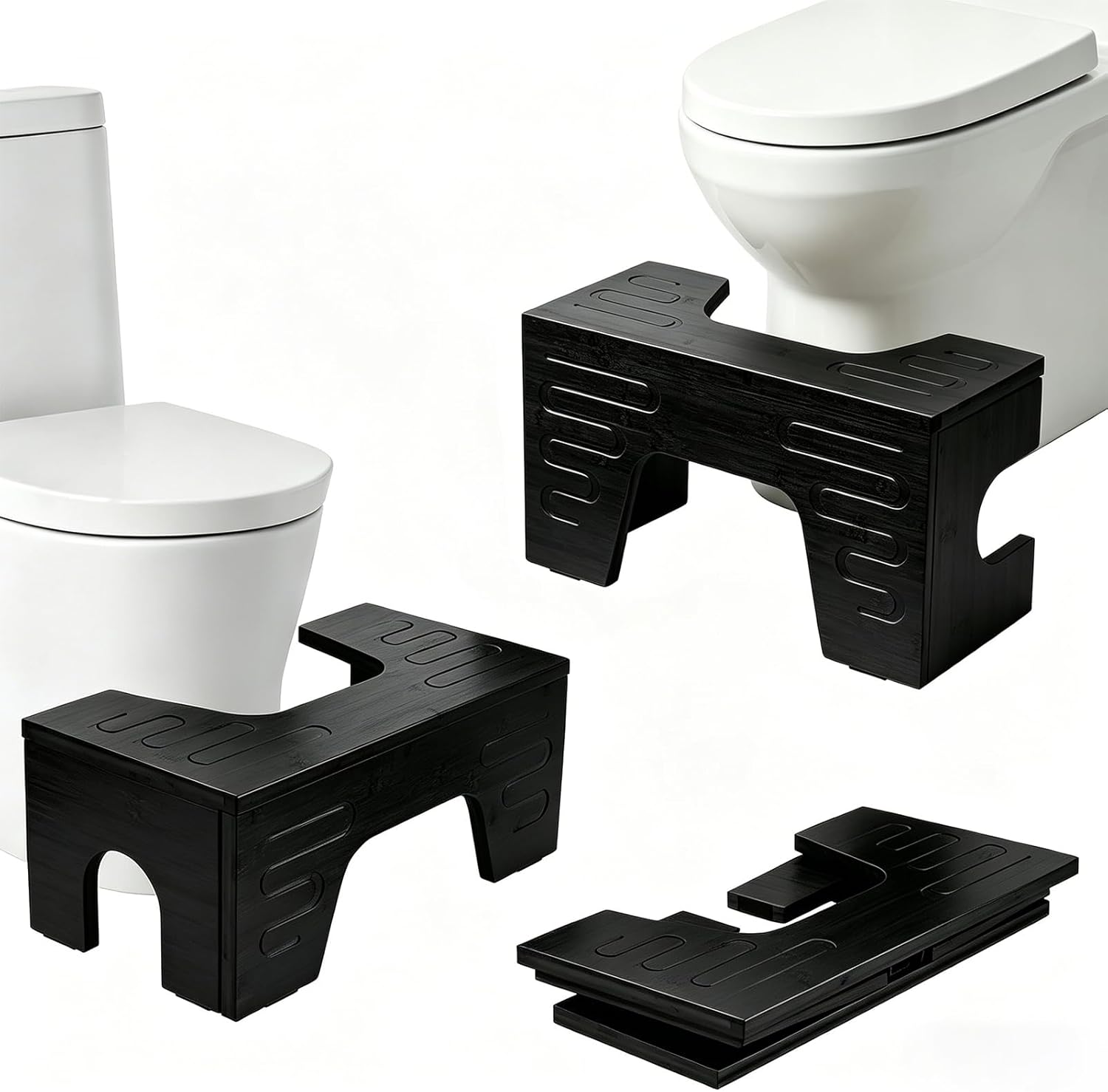 Folding Toilet Stool Squat, 7" & 9" Adjustable Heights, Bamboo Potty Stool for Adults and Kids, Anti-Slip Squatting Foot Stool for Bathroom, Black