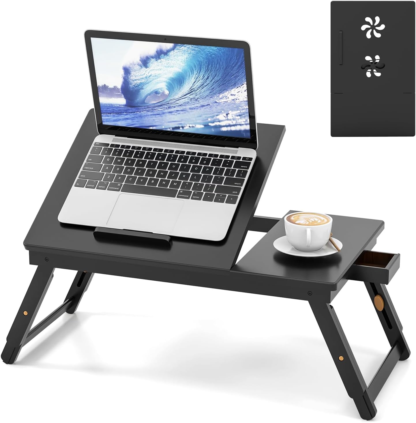 Giantex Bamboo Laptop Desk for Bed, Adjustable Serving Tray Breakfast Table with Tilting Desktop, Folding Lap Tray with Removable Stopper, Cooling Holes & Small Side Drawer (Black)