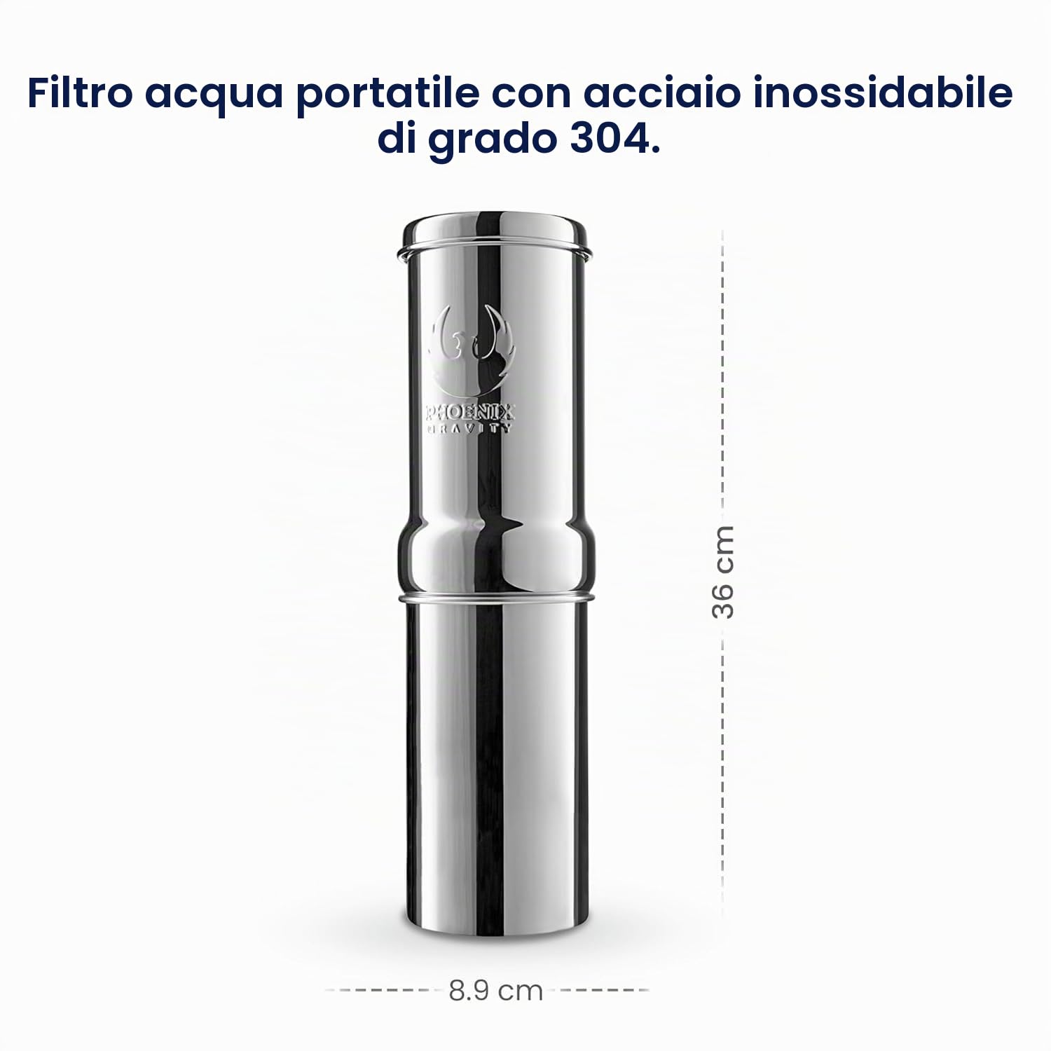 PHOENIX GRAVITY Sistema di filtraggio dell'acqua a gravità da 1 litro in acciaio inox certificato NSF AISI 304 con 1 cartuccia filtro a carbone intelligente (nero) e bottiglia d'acqua, ideale per
