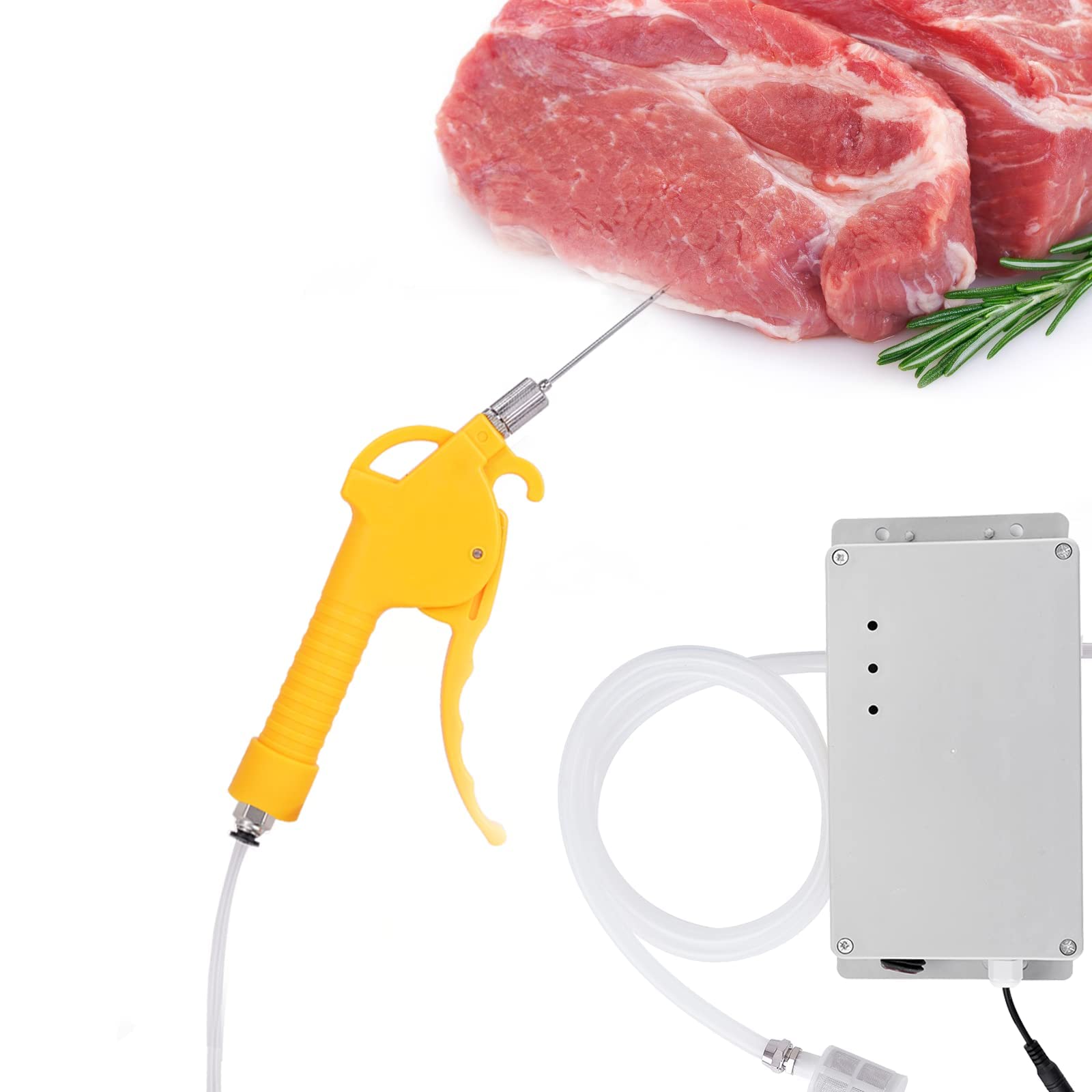 MXBAOHENG Meat Injector Gun Pump with Hose, 70W Electric Marinade Injector Meat Syringe Gun with 10 Stainless Steel Double-hole Needles for Roast Turkey, Pork, Beef