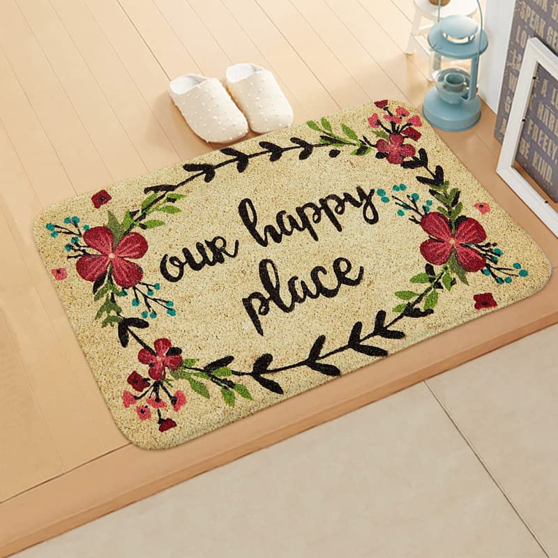 Ensound Our Happy Place Funny Welcome Mat Non-Slip and Washable Doormat Novelty Decoration Door Rugs for Indoor Outdoor Bathroom 24X16 Inch