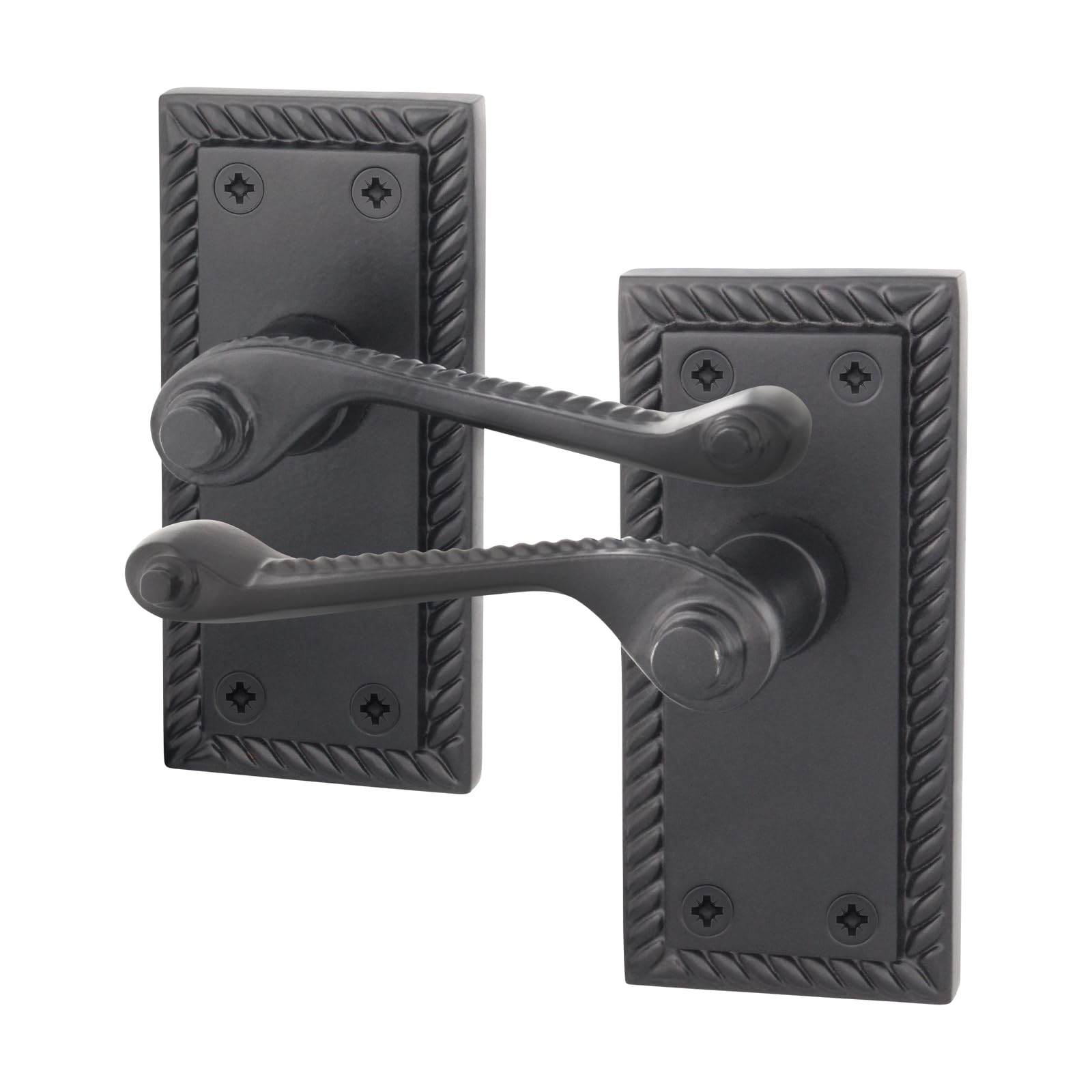 EAI Matt Black Door Handles, 1 Pair on Backplate - Rope Scroll