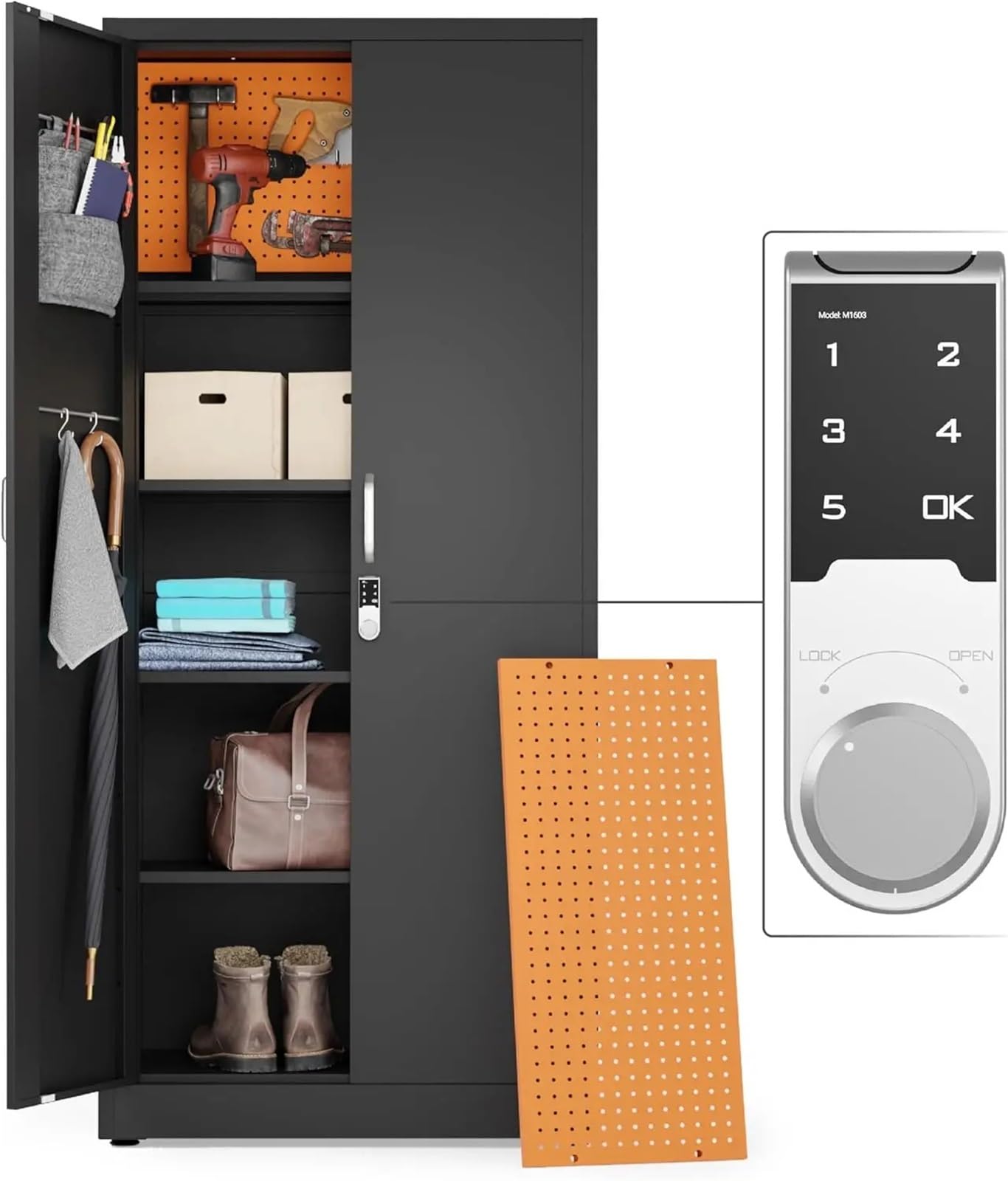 Organizador Herramientas Gabinete de almacenamiento de metal con cerradura digital Gabinete de almacenamiento de garaje Tablero perforado Gabinete de herramientas