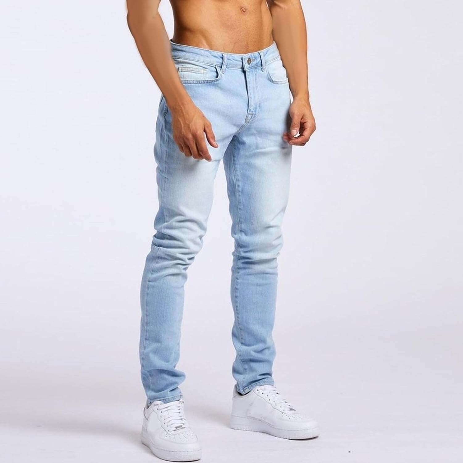 Men's Mid-Waist Slim Fit Denim Pant Vintage Street Micro-Elastic Pencil Jeans Classic Trendy Tapered Leg Trousers