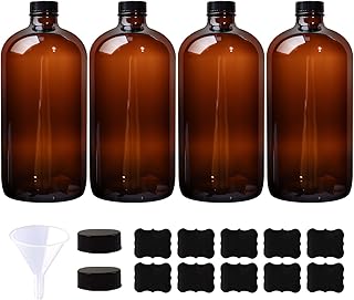HWASHIN 4 Pack 32 oz Amber Boston Round Glass Bottles with Black Caps for Secondary Kombucha Fermentation and Lab Chemical...