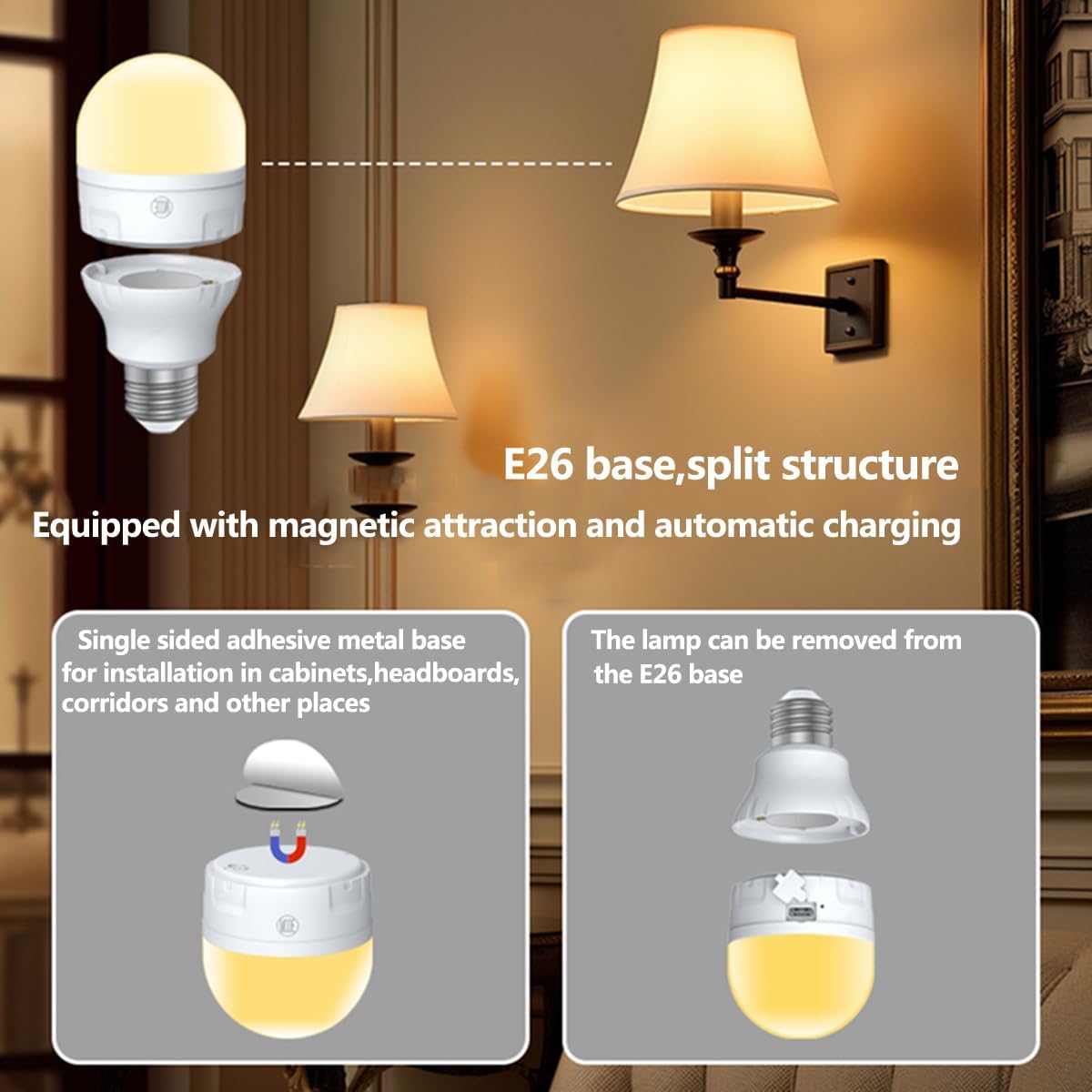 ABZXT E26 Auto Charge Light Bulb with Battery Backup Bulb,Timer for Sconces and Lamps, E26 and USB Charging for Non-Hardwired Fixture, 3 Color Temperatures and Dimmable (3COLOR 2pack)