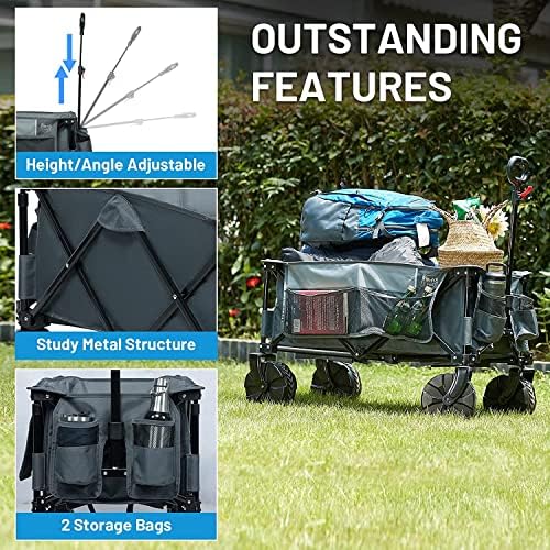 Timber Ridge Collapsible Folding Festival Wagon, Pull Along Trolley on Wheels with Adjustable Handle Cover Bag Drink Holders, Camping Outdoor Garden Picnic Shopping Beach, Grey