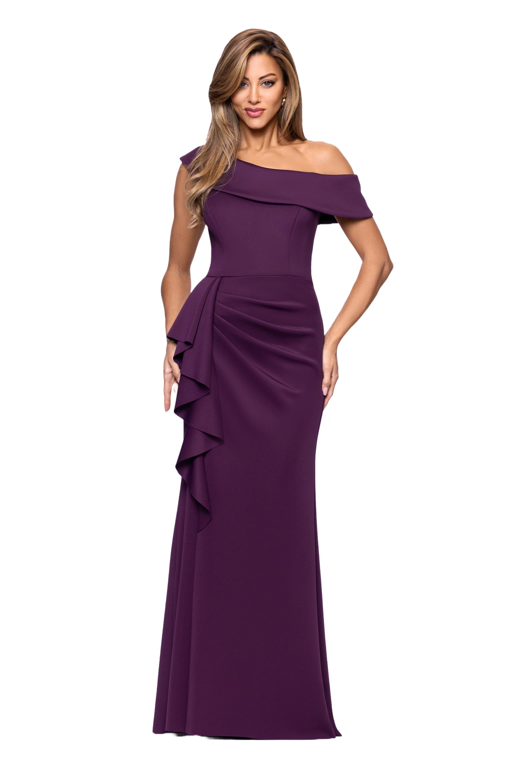 Xscape Women's Scuba Crepe Drop Shoulder Ruffle Draped Floor Length Dress