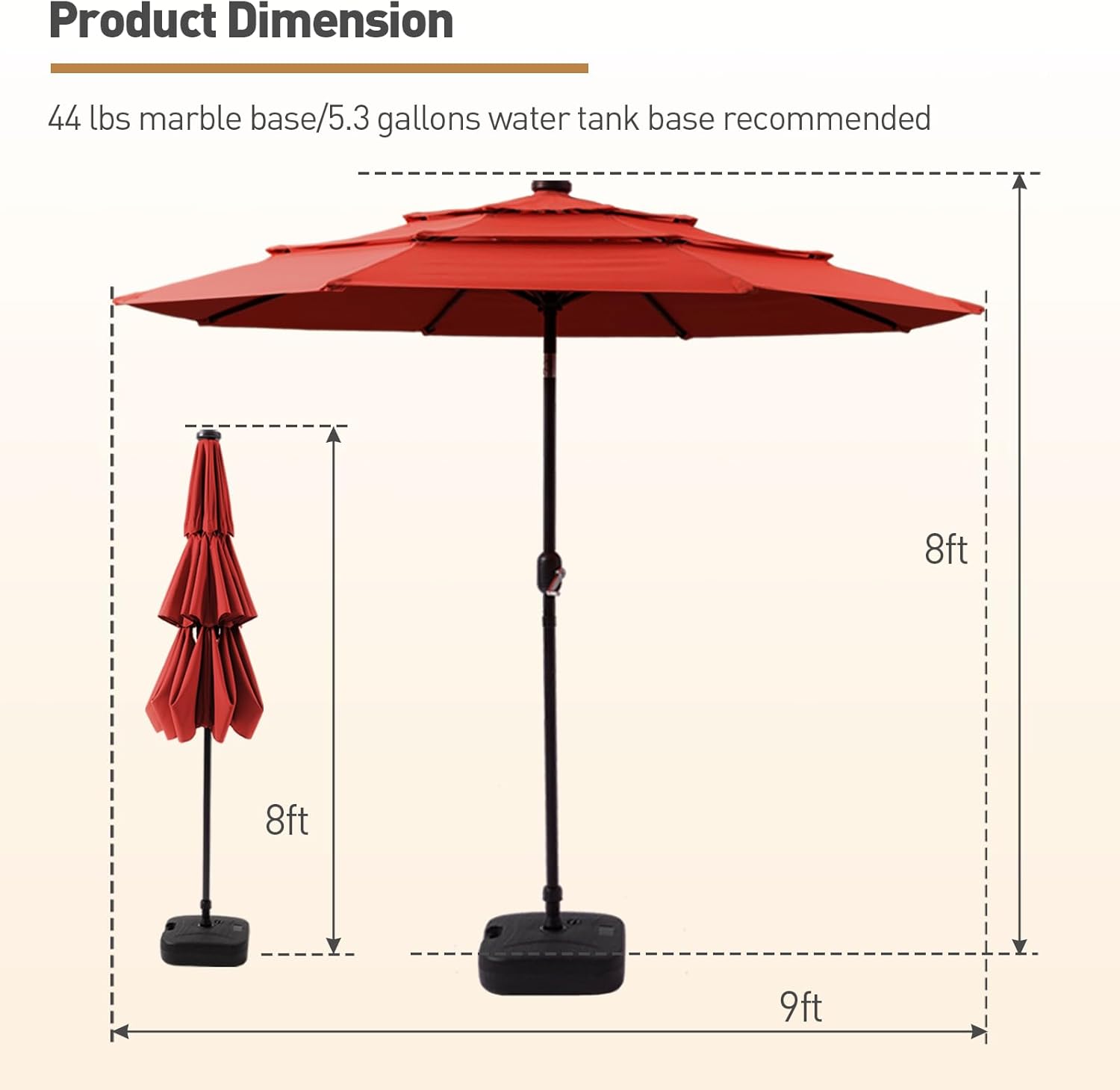COSIEST 9FT 3 Tiers Patio Umbrella with Solar Lights, LED Outdoor Umbrellas with 8 Sturdy Ribs, Market Patio Table Umbrella with Push Button Tilt, Pool Umbrellas for Garden, Pool, Backyard