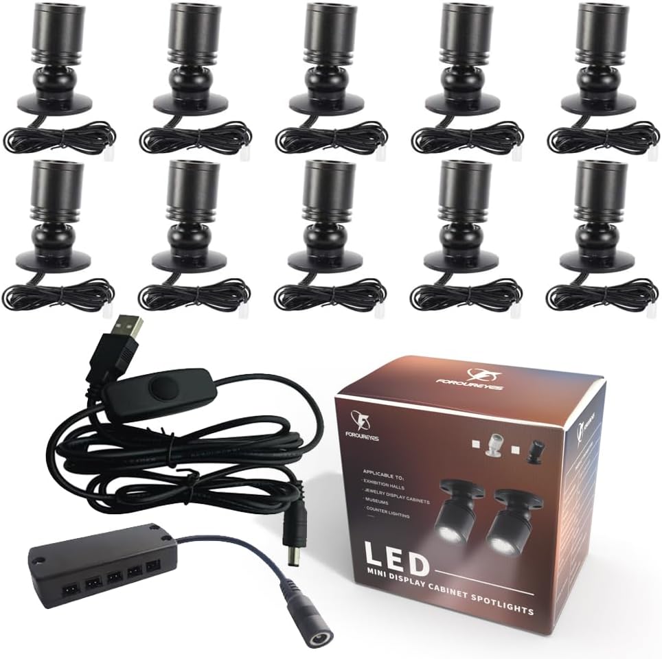 10 Pack Dimmable LED Cabinet Lights, USB 5V Mini Spotlights, Warm White Under Cabinet Lighting Kit for Display Case, Shelf, Counter, Closet, Garage, Wine Bar
