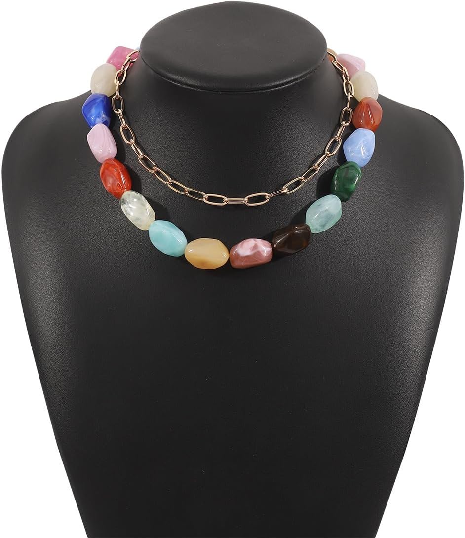 PTNO Colorful Beaded Necklace Statement Chunky Necklace for Women Colorful Resin Beaded Boho Summer Vacation Jewelry