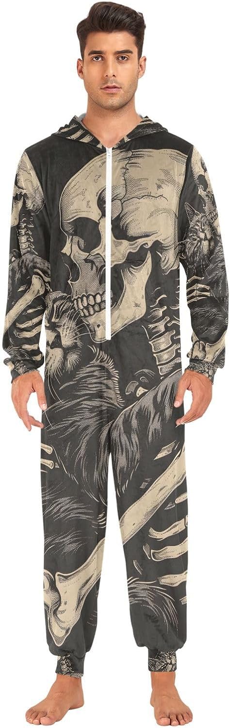 Funny Cat Skeleton Skull Black Unisex Adult Onesie Pajamas Comfy One Piece Costume Jumpsuits Novelty Sleepwear Homewear for Men Women