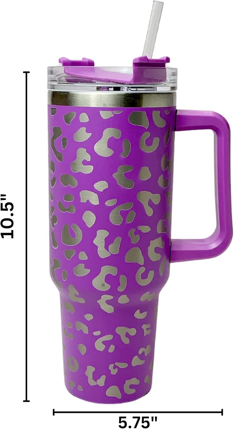 Lashicorn 40 Oz. Tumbler with Handle and Straw Purple Leopard Silver 10” tall Cup lid included Insulated Stainless Steel Vacuum Travel Mug Boutique Cheetah Print Purple - Image 2