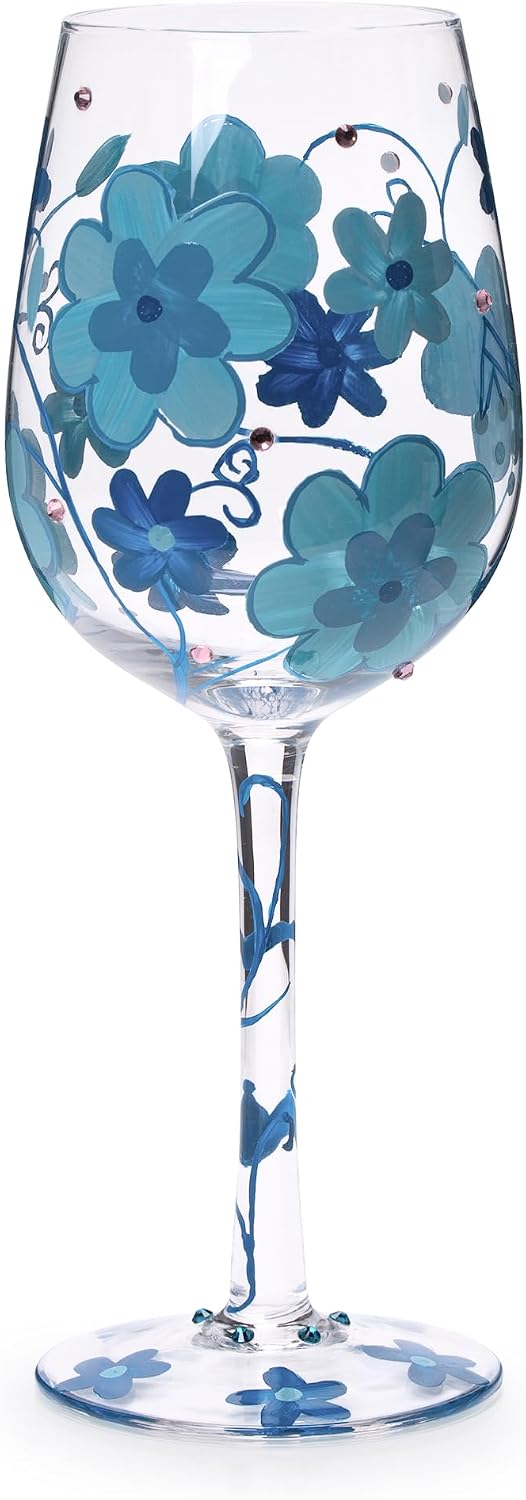 15 OZ Blue flower Artisan Painted Wine Glass,Flower Print Wine Glasses,Lead-Free Glasses Goblet for Home Dinning, Bar and Party Wedding Gift