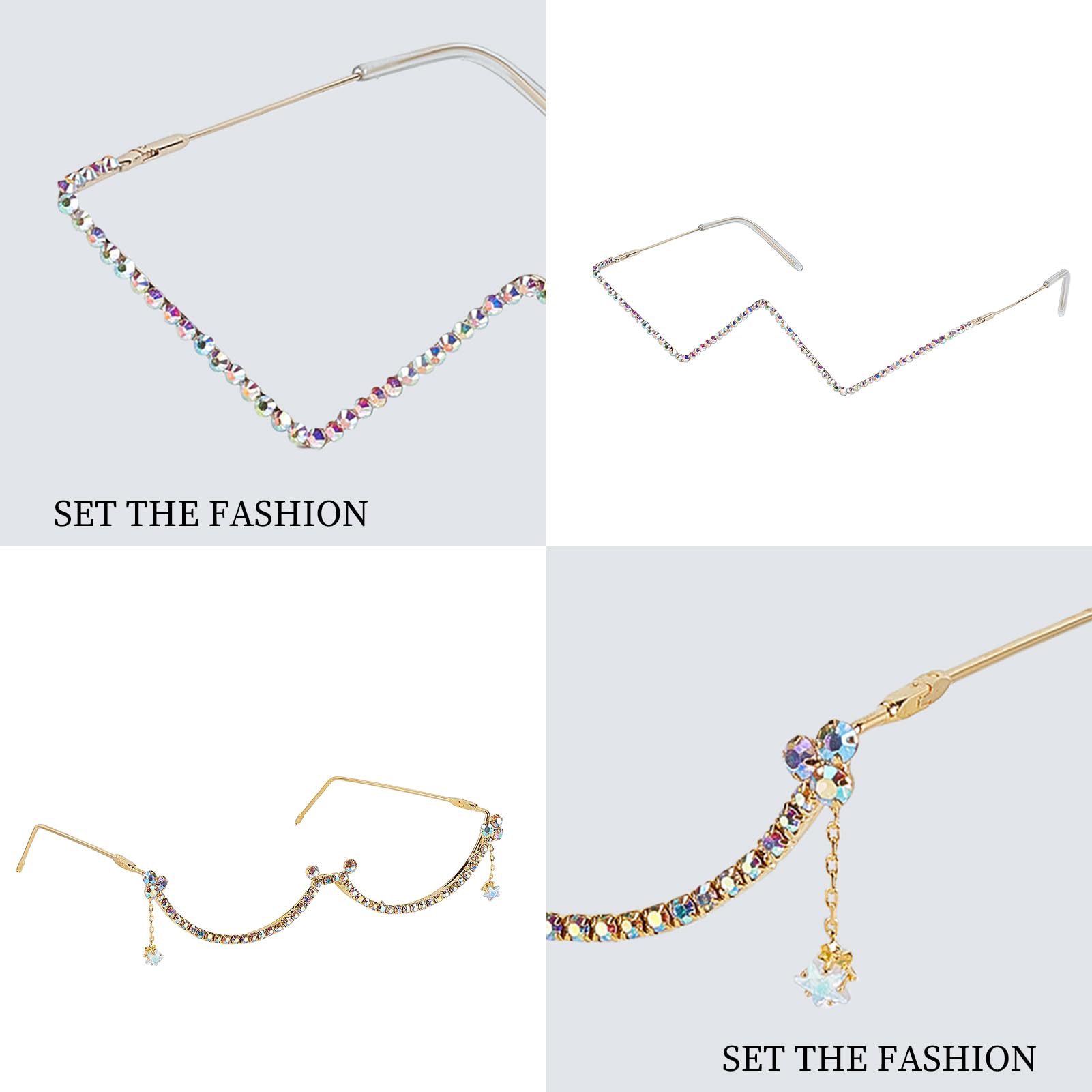 NICENEEDED Brillengestell Ohne Gläser Mit Diamanten Halbrahmenbrille Aus Kristallmetall In V Form Halbrandlose Sonnenbrille Mit Strasssteinen