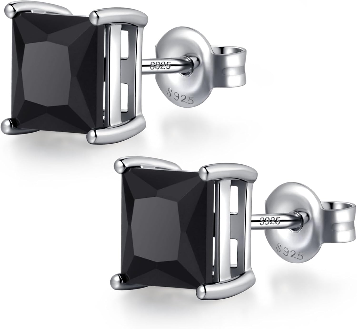 Square Cut Black CZ Diamond Stud Earrings for Women, 925 Sterling Silver 18K White Gold Plated 4 Prong Design with 4 to 7 MM Simulated Diamonds Earring
