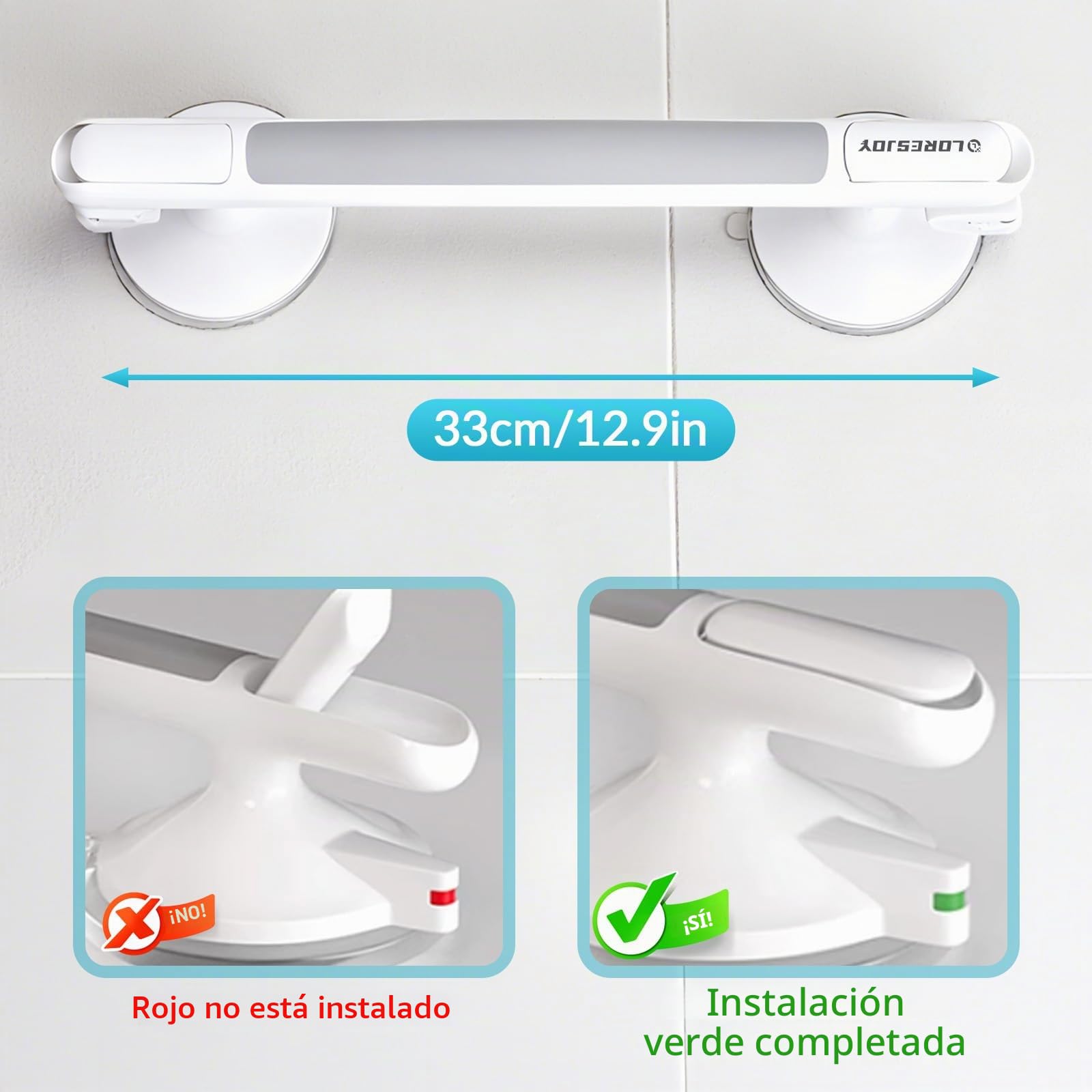 33 CM Agarraderas de Baño con Ventosa y Indicator (2 Piezas) | Agarraderas Baño para Mayores, Asidero Ducha de Succión, Agarrador Ducha Personas Mayores, Agarre de Seguridad