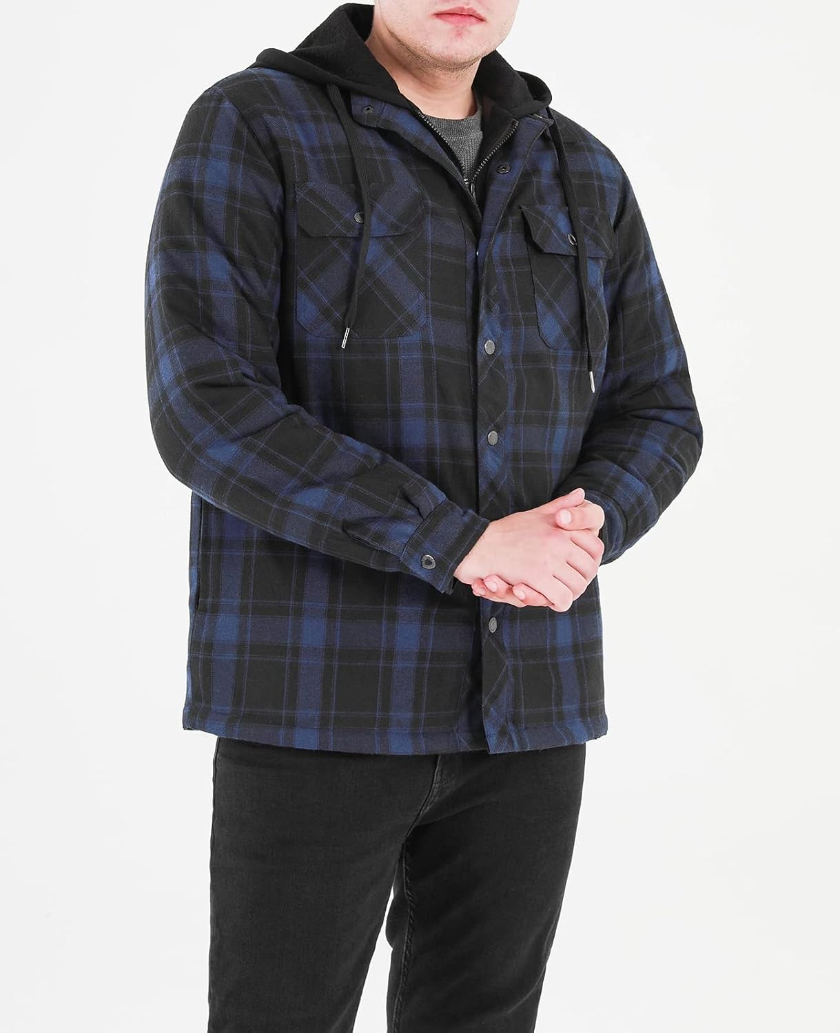 ThCreasa Mens Plaid Quilted Lined Flannel Jacket Button Down Flannel Shirt Jackets with Hood - Image 4