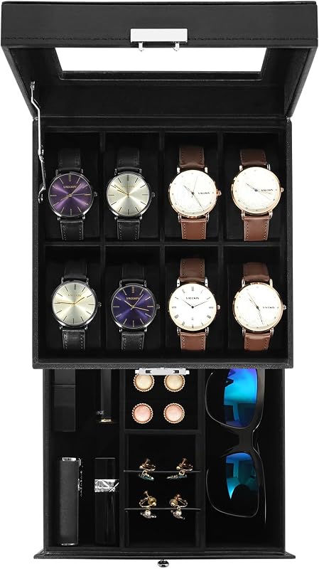 Uten Caja de Reloj de 8 Ranuras, Caja de Reloj de Cuero PU de 2 Capas con Cerradura, Todo Negro | Cerradura y llave, Tapa de cristal, Forro de terciopelo, Cajón de joyería y cristal, Cierre metálico, Regalo rústico y elegante