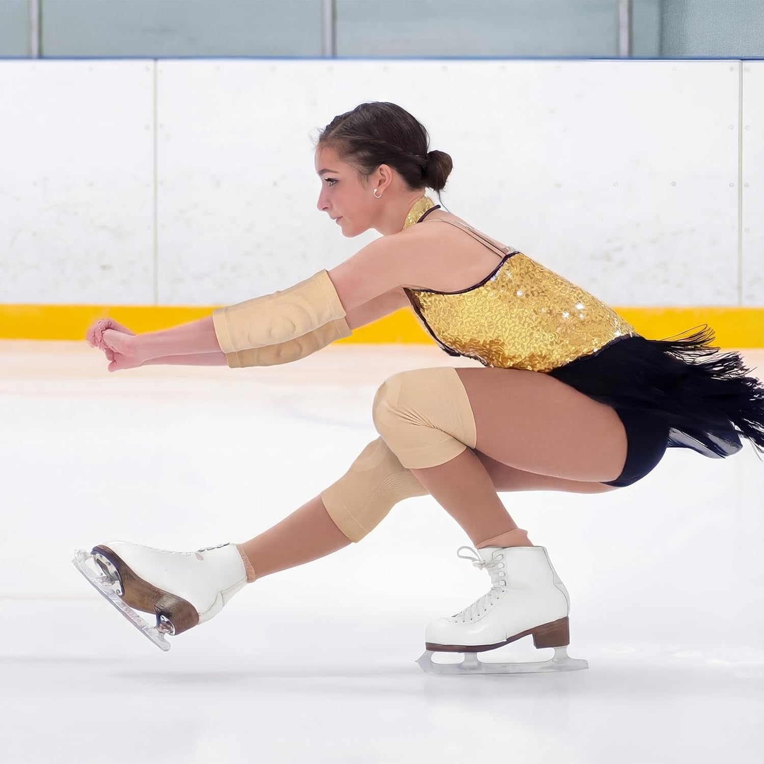 2 Pairs Figure Ice Skating Knee and Gel Elbow Pads Set, Dance Knee Elbow Pads Cushion and Support Cap for Youth Dancing Figure Skating Gymnastic Youth and Adult Women Men