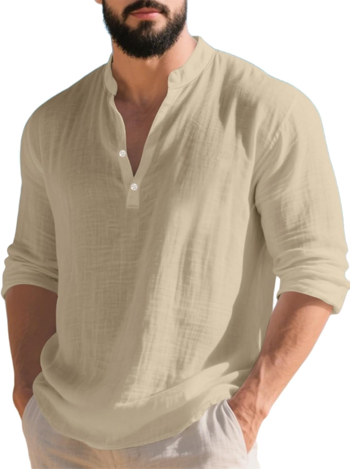 TAFLE Mens Linen Henley Shirts Casual Long Sleeve Hippie Yoga Tops Lightweight Summer Beach T-Shirt