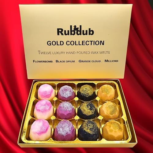 Rubdub Gold Selection Luxury Perfume Wax Melt Gift Box | Strong Scented Soy Wax Melts | Millions, Black Opium, Grande Cloud, and Flower Explosion Scents | Handmade in the UK | Vegan & Cruelty-Free