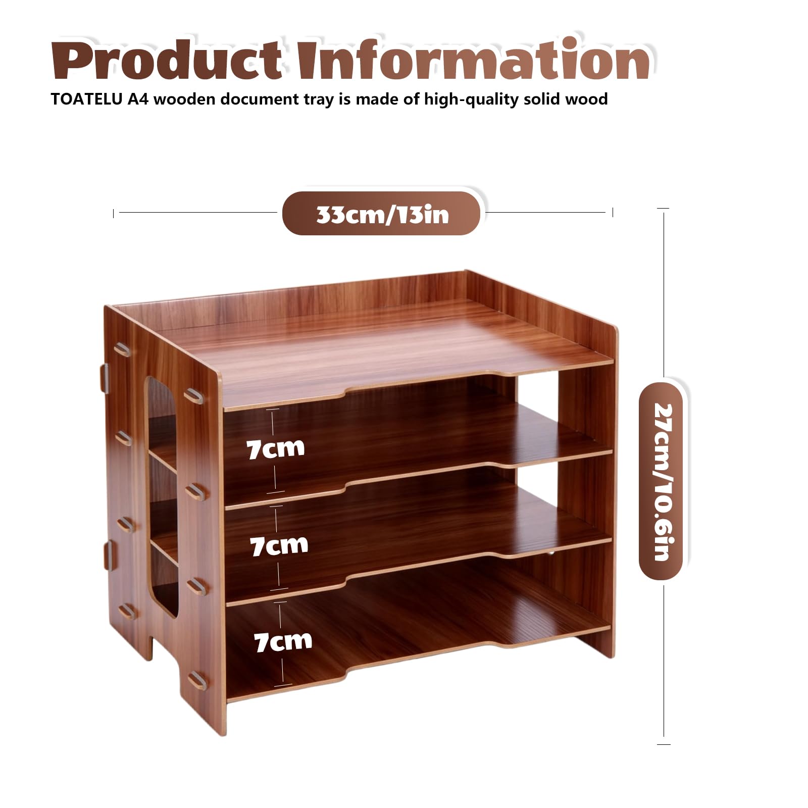 Bandeja de madera para cartas A4, 4 niveles, de madera de Sakura, organizador de escritorio con compartimentos estables, para oficina y hogar, 33 x 24 x 27 cm