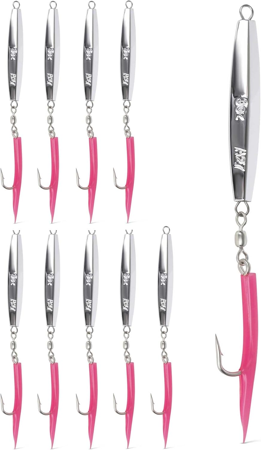 UMT 3oz Diamond Jig, Green or Pink Teaser 6/0 Mustad Hook – Striped Bass, Cod, Black Sea Bass, Grouper, Amberjack, Even Tuna – 1, 5, 10 Pack Options