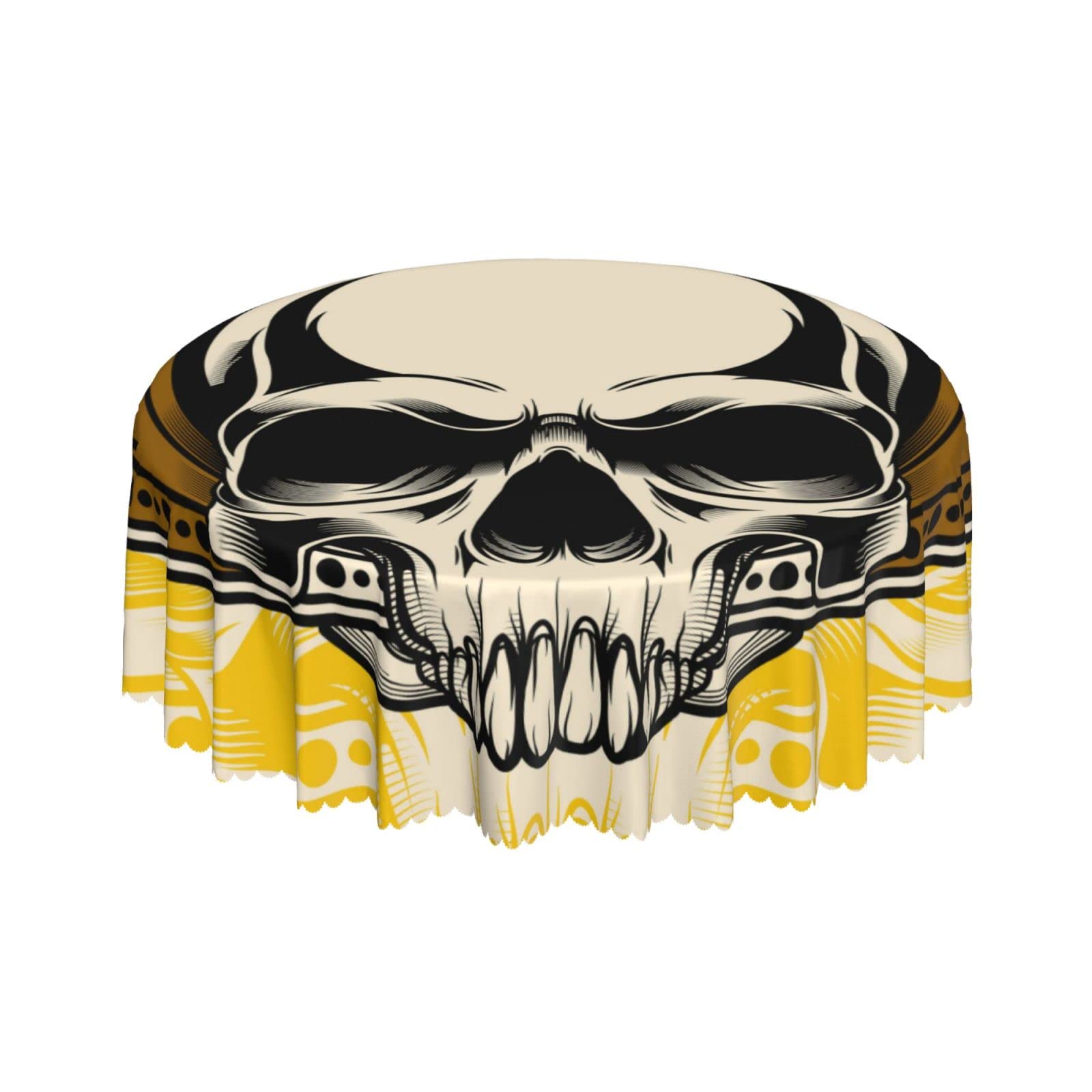 Lsjuee Skull Yellow Abstract Death Round Tablecloth 60 Inch Printed Washable Tablecloth for Dining Party Holiday Fall Home Decorative