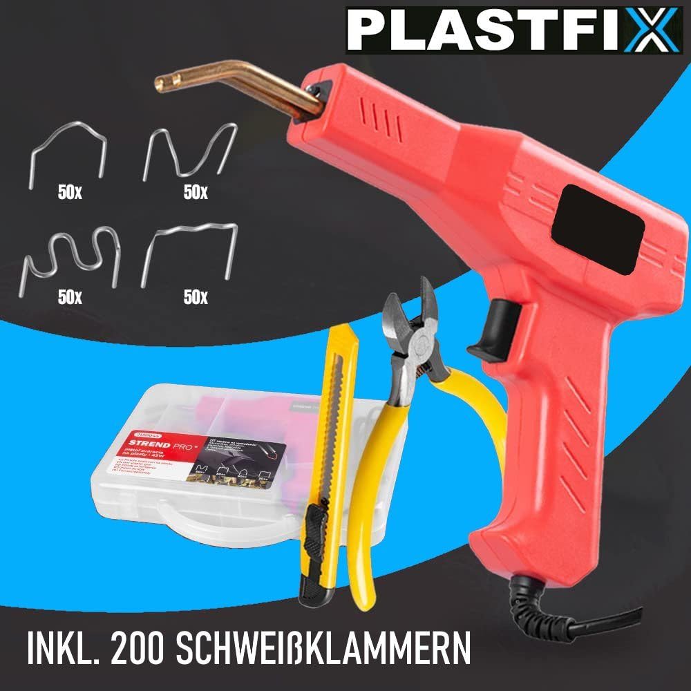 PLASTFIX spawarka do tworzyw sztucznych do spawania zderzaków, zestaw naprawczy do samochodu, plastikowa spawarka wraz z 200 klamrami spawalniczymi
