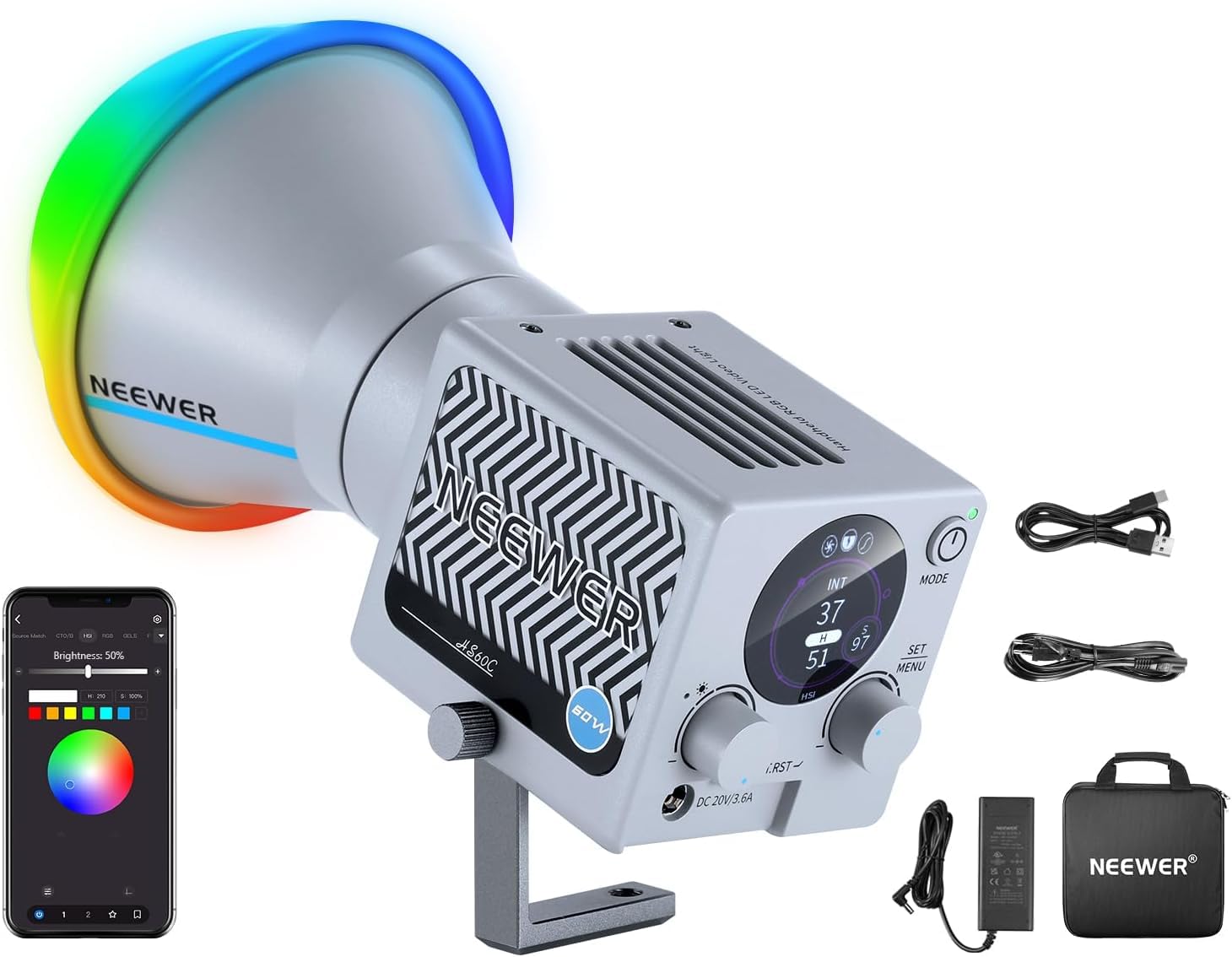 Luce LED NEEWER HS60C RGB 60W | Controllo APP/2.4G | COB Dimmerabile Per Video E Streaming - Foto 10