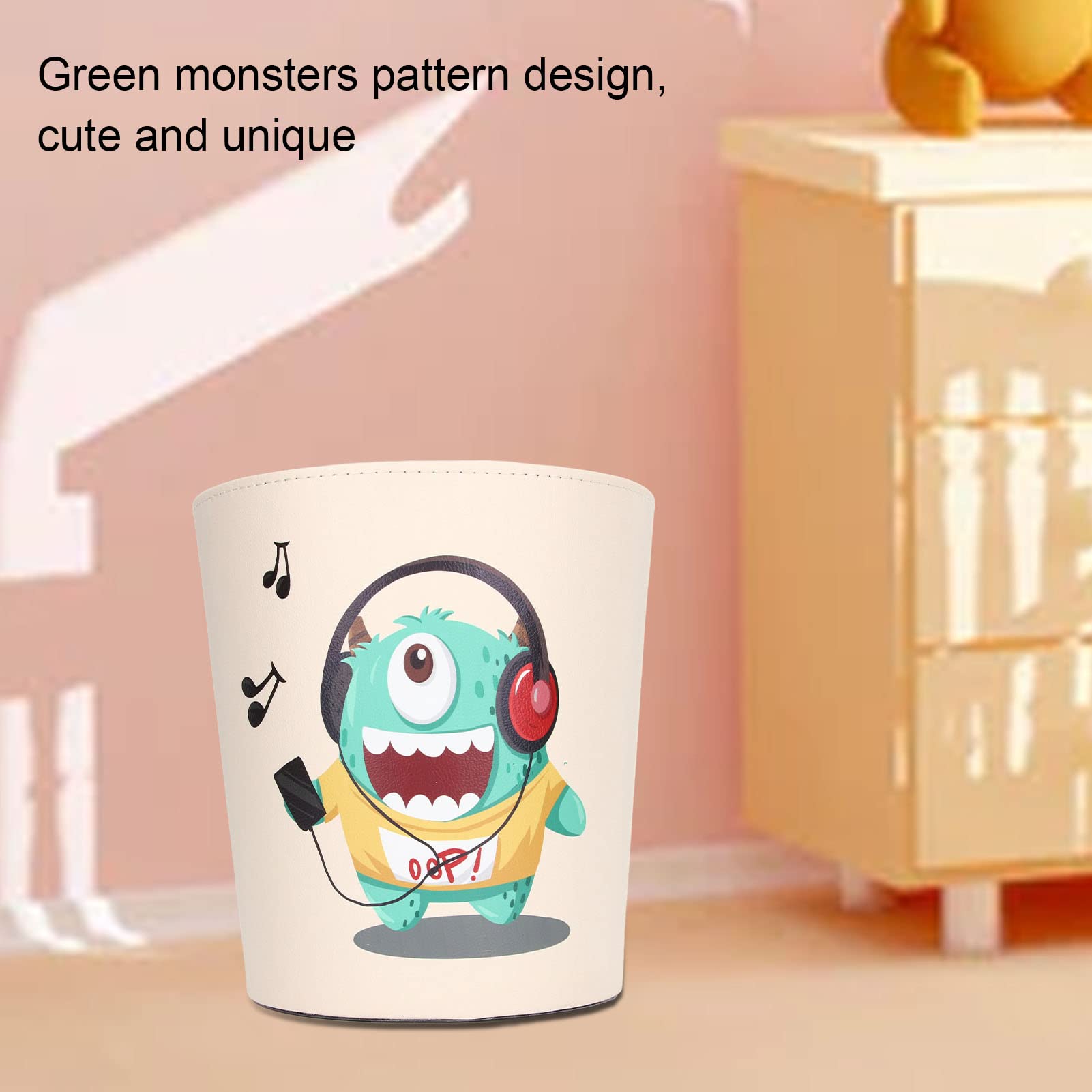 Papelera de dibujos animados, gran capacidad, cubo de basura lindo, monstruo verde, base antideslizante, bonita papelera de piel sintética impermeable para habitación infantil