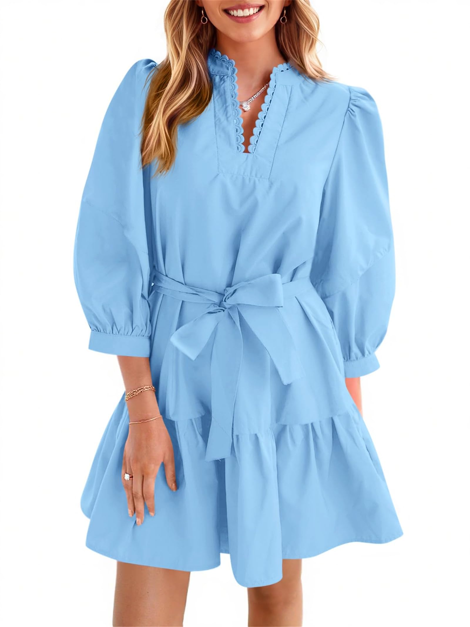 Abito da donna con maniche a sbuffo a 3/4, casual, scollo a V, con volant, elegante, in vita imperiale, mini abiti corti con tasche