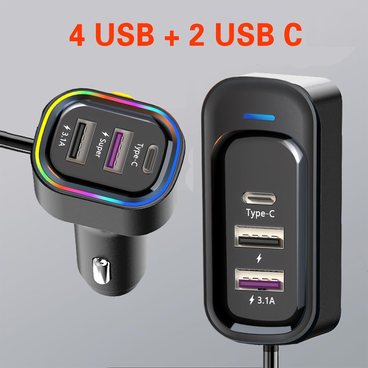 USB C Car Charger, 81W Multiport 6-Port PD & QC3.0 Fast Charger for Multiple Devices, Cigarette Lighter Adapter Car Travel Essentials with 5FT Cable, Compatible with iPhone 15/16/17, Pad, Galaxy S24 - Image 4