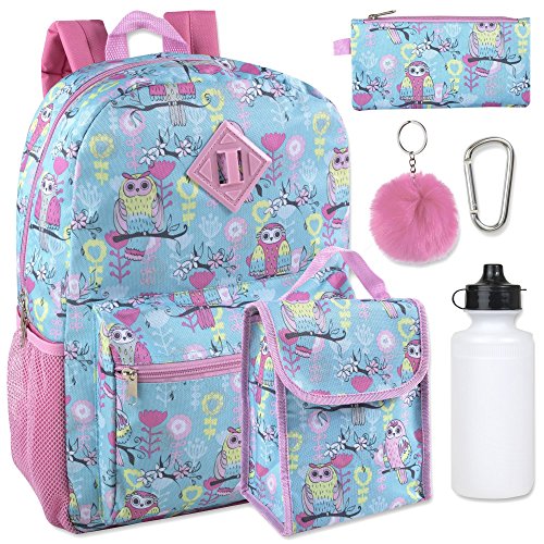 Girl's 6 in 1 Backpack Set With Lunch Bag, Pencil Case, Bottle, Keychain, Clip (Owl)
