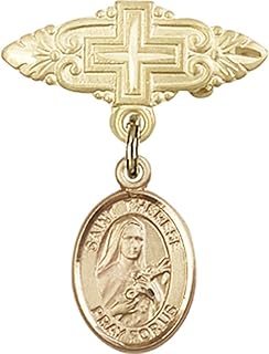14kt Yellow Gold Baby Badge with St. Therese of Lisieux Charm and Badge Pin with Cross 1 X 3/4 inches