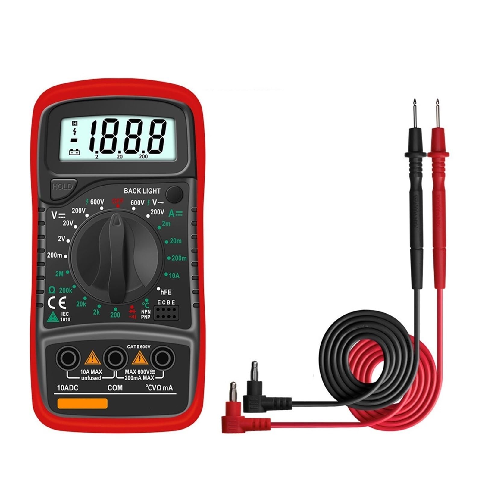 Cyfrowy Multimetr Auto Zakres Podświetlenia AC/DC Amperomierz Volt Ohm Tester Przenośny Miernik Multimetro Z Termoparą Szybko Dokładnie Łatwy Odczyt(Red)