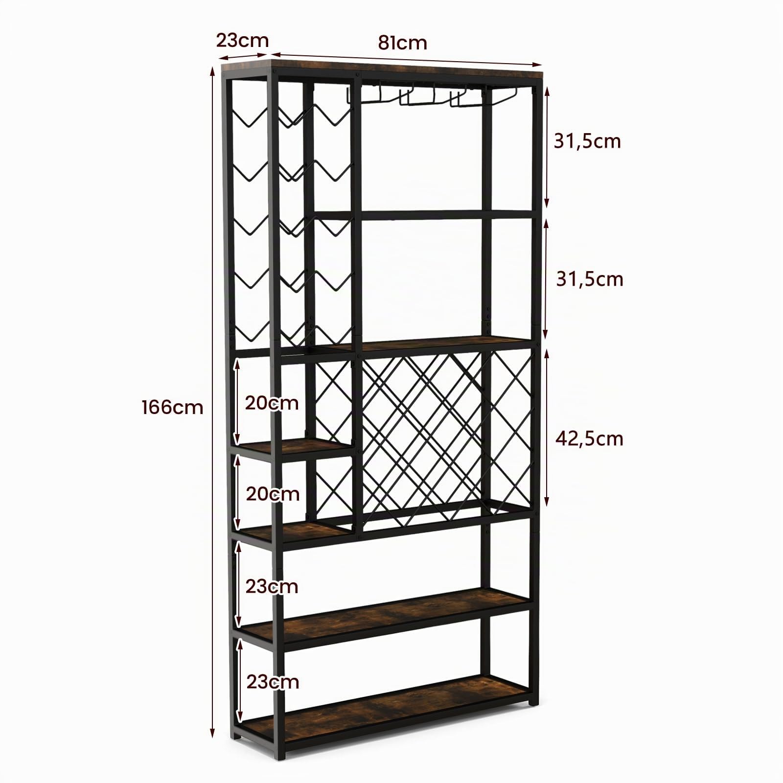KOMFOTTEU Botellero para 27 Botellas, Estantería de Vino con 7 Niveles de Estantes y 3 Filas de Portavasos, Armario de Madera de Pie, Mueble Exhibición para Comedor, Despensa, Bar, 81 x 23 x 166 cm