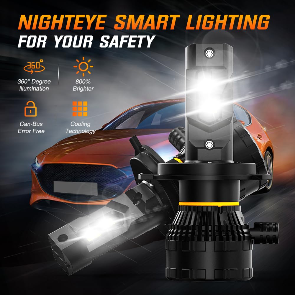 NIGHTEYE Lot de 2 ampoules de phare LED H4 40 000 lm 200 W avec ventilateur, 800 % 6500 K Blanc