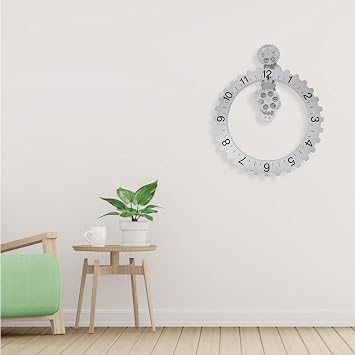 PerGar Large Wall Clock with Moving Gears, 3D Moving Gear Wall Clock, Industrial Silent Mechanical Gear Wall Clock, Hanging Gear Clock for Living Room, Reading Room, Restaurant(Silver)