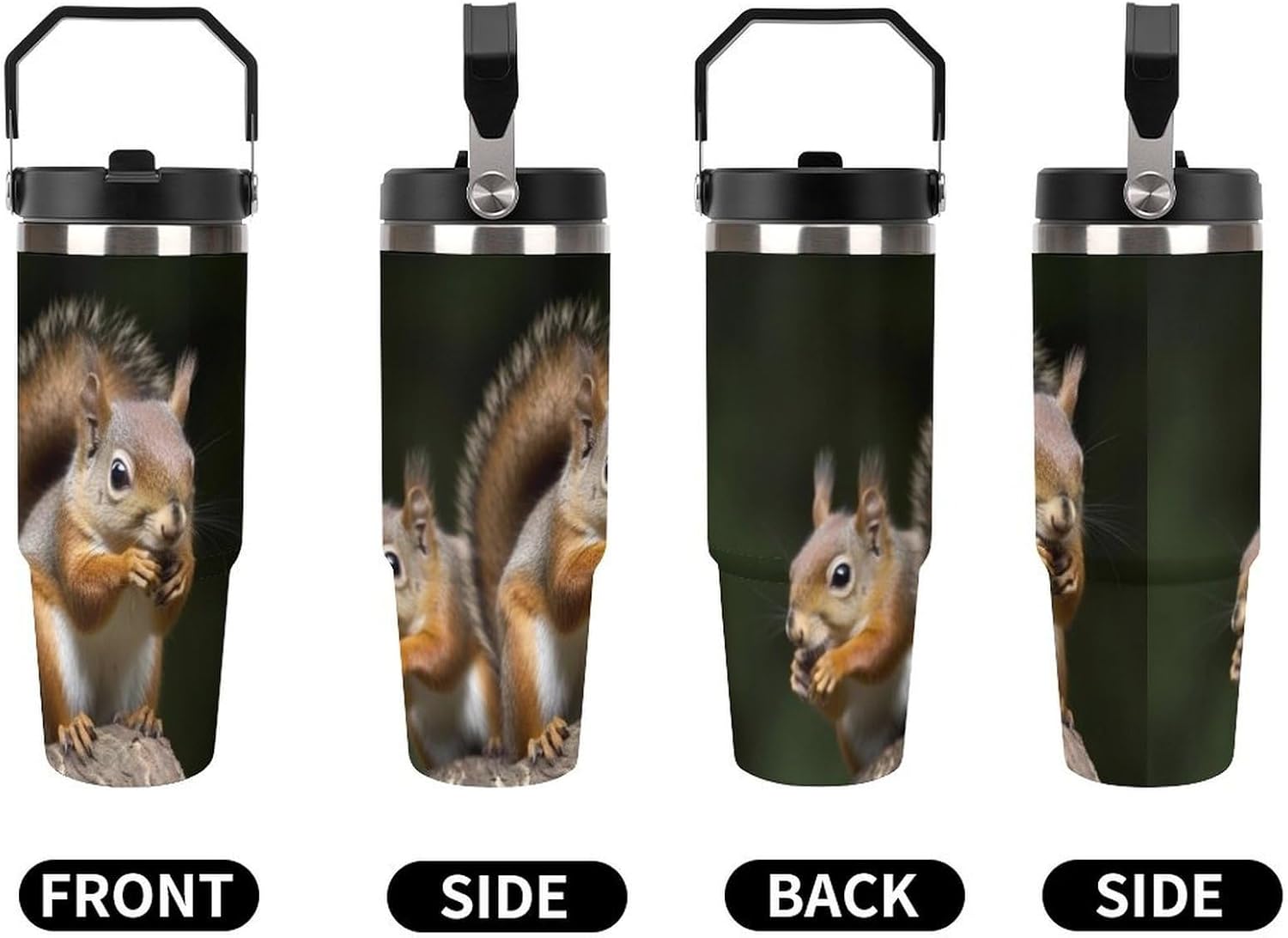 30oz Insulated Tumblers with Top Handle, Stainless Steel Squirrel Animal Car Cup with Straw for Gift, Leak-Proof Double Wall Vacuum Travel Mug, Personalized Water Bottles Black