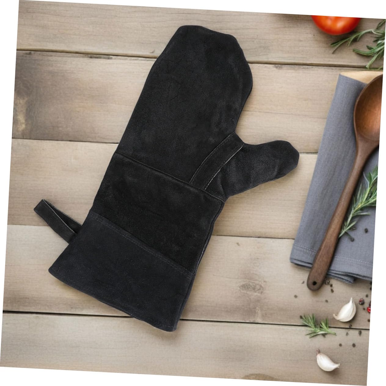 Guanti da Forno per Dita Neri 3 Pezzi in Pelle Bovina | Fodera in Cotone, Resistenti al Calore per Cucina e Stufa, Facili da Pulire