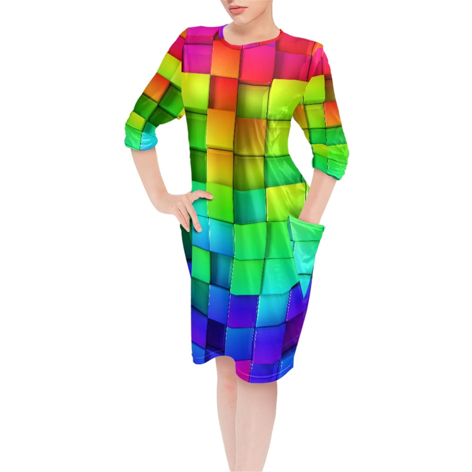 Binienty Camisones coloridos para mujer, 100% poliéster, suave, ligero, manga larga, con bolsillos, cuadrados 3D impresos