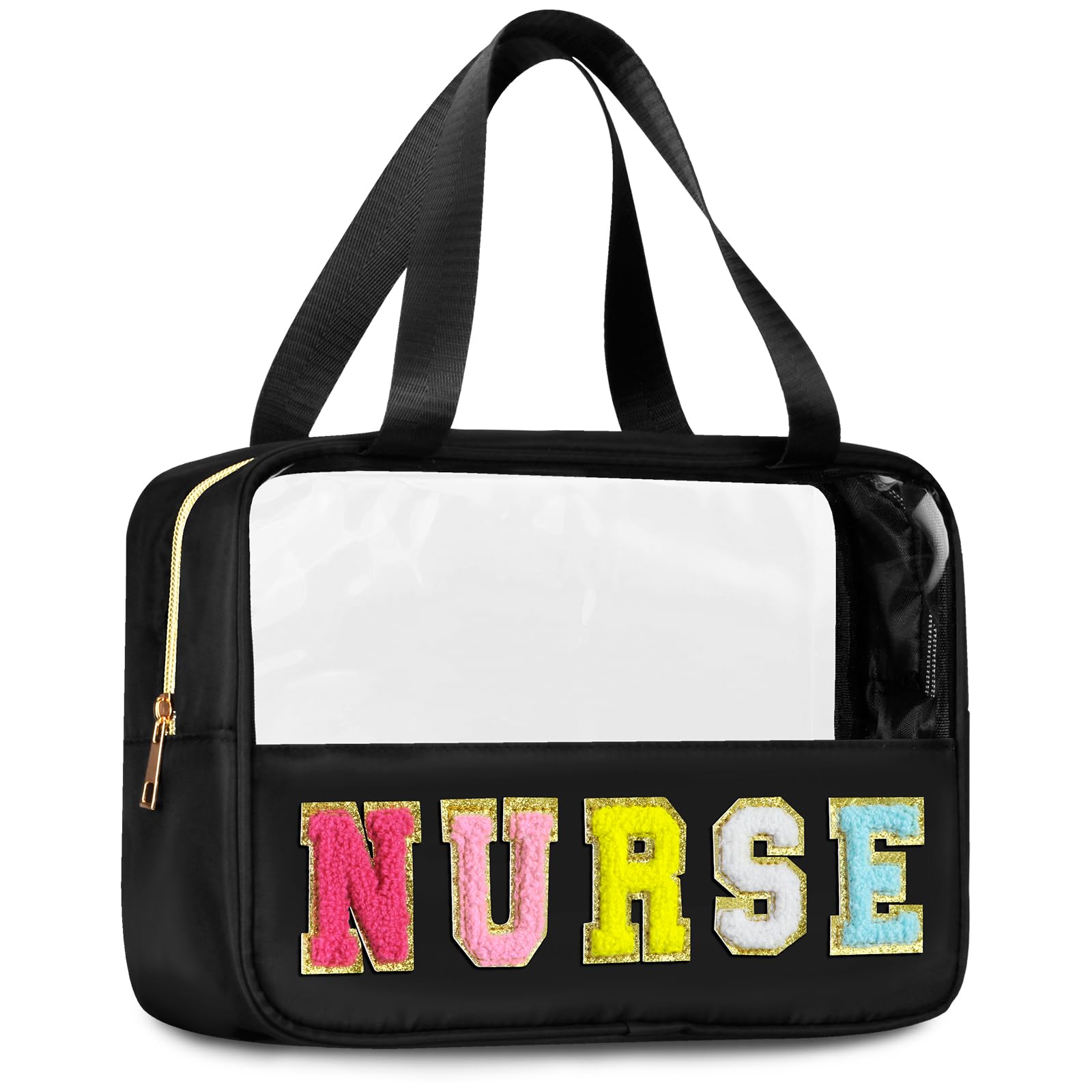 BuyCard Chenille Letter Patch Clear Travel Bags, Preppy PVC&Nylon Makeup Bag with Handle and Zipper, Waterproof Large Clear Travel Toiletry Bag