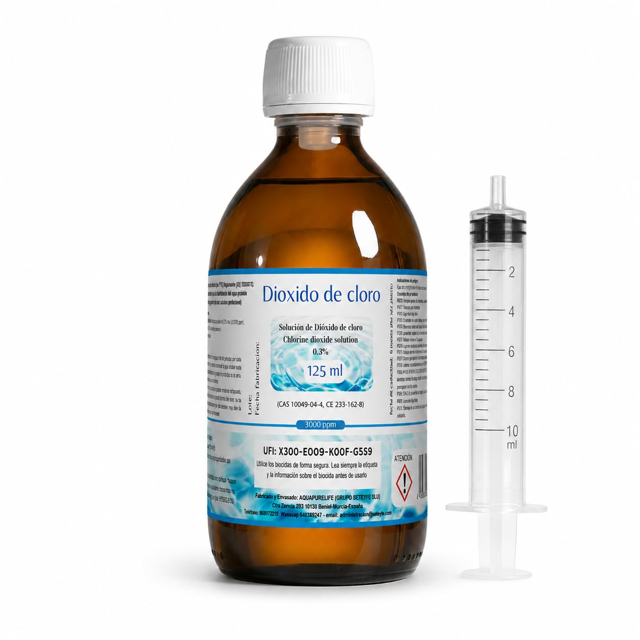 Dioxido de Cloro 3000ppm - CDS 0,3% - Envasado en Botella Cristal Ambar - Fabricado en España (125ml)