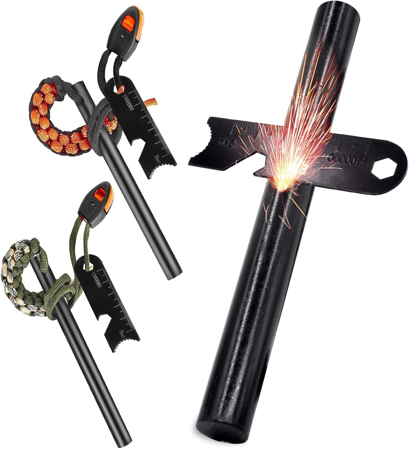 2 Pack Ferrocerium Drilled Flint Fire Starter, Ferro Rod Kit with Paracord Landyard Handle and Striker,Fire Steel for Emergency Survival Kits, Camping, Hiking, All-Weather Magnesium Ferro Rod