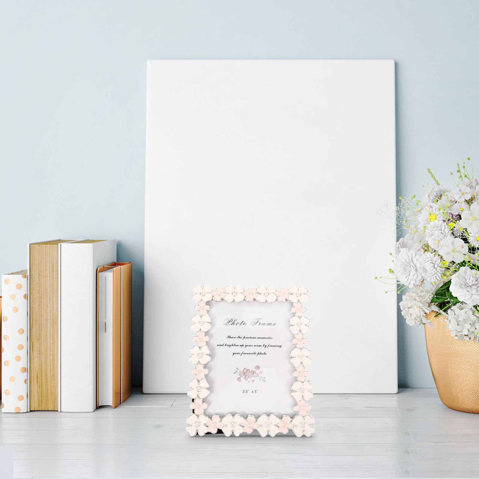 Marco de Fotos de Flores Perlas de Metal y Vidrio de 5 Pulgadas para Decoración del Hogar Soporte para Mesa o Pared